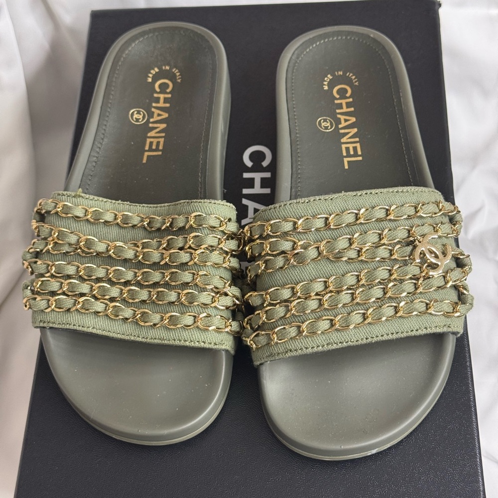 CHANEL Women's Olive Slide Sandals with Gold Chains